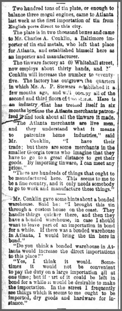 1888 Conklin considers that some materials could be imported to keep up with manufacturing