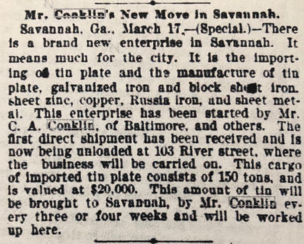 1893-1894 Conklin Opens Savannah Branch For Importing Steel From Europe